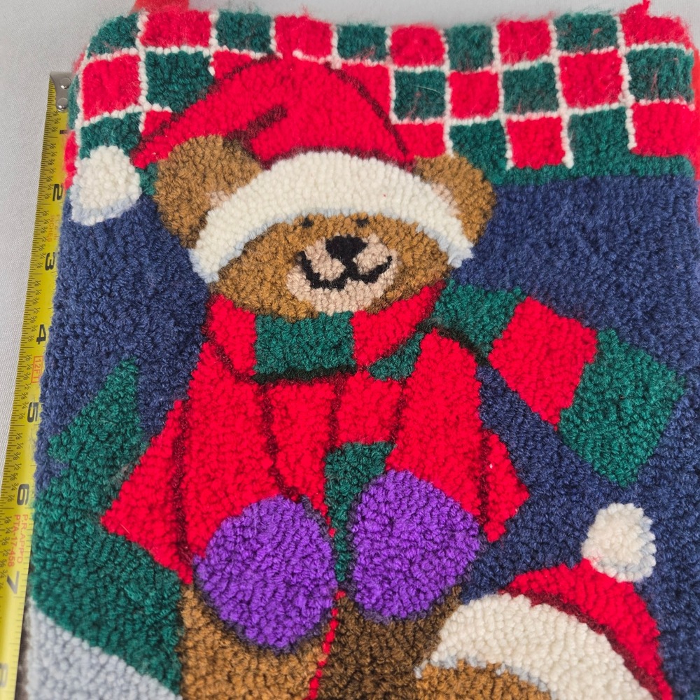 Vintage Teddy Bear Christmas Stocking Hooked Rug‎ Style Red Green Holiday Decor - Picture 4 of 5